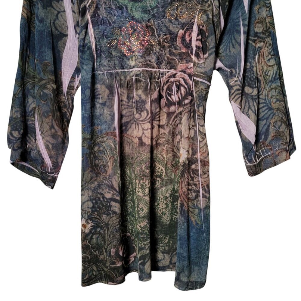 B.L.E.U. Womens Floral Fairycore Y2K Boho Gypsy Boho Rhinestone Back Tie Top S - Picture 3 of 9